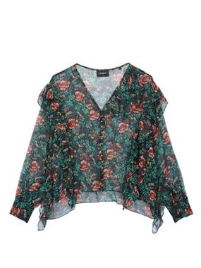 The Kooples Silk Floral Ruffle Blouse Sheer Poppy Field Print Romantic Top